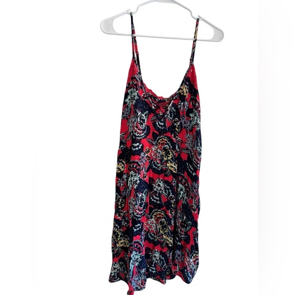 Roxy Floral Mini Dress Spaghetti Straps Boho Eyelet Size L - Picture 1 of 11